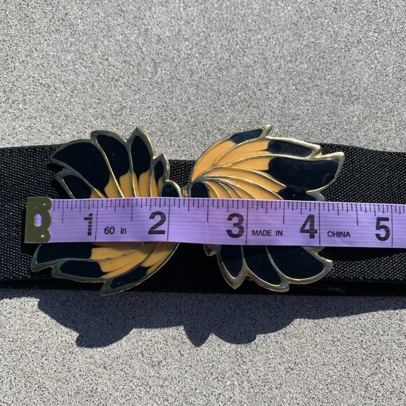 Vintage 80s Black Elastic Statement Buckle Cinch Waist Retro Belt - Picture 10 of 11